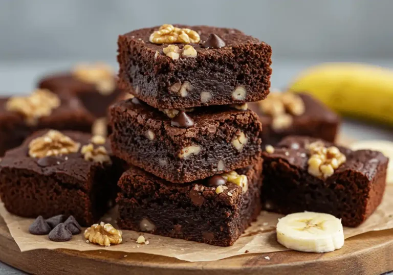 Freshly baked banana brownies on a cutting board, topped with melted chocolate chips.