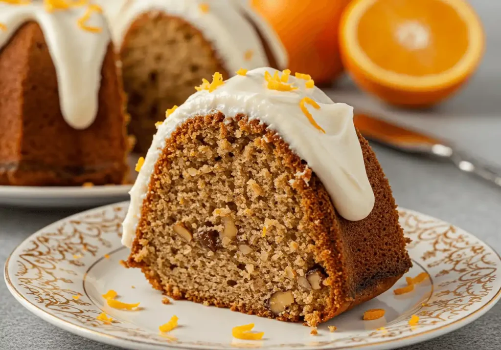 Marble Bundt cake showing its vanilla and chocolate swirl pattern.