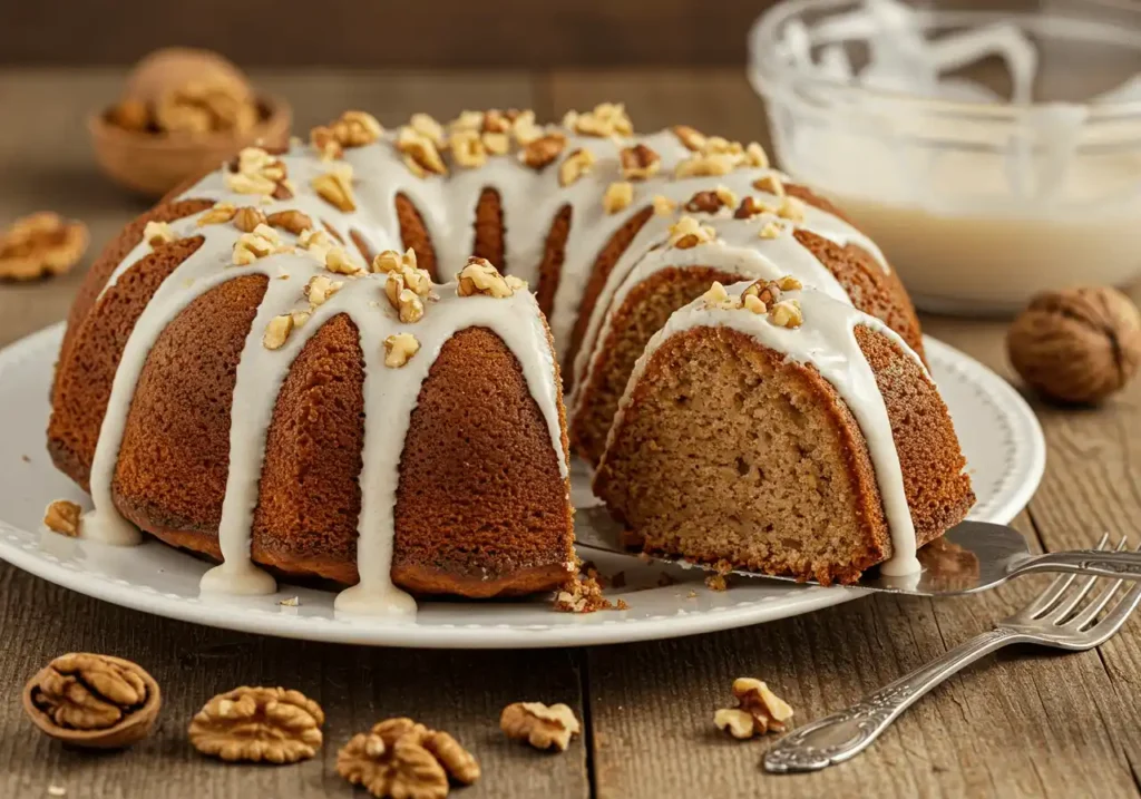 Chocolate Bundt cake with a rich ganache drizzle and chocolate shavings on top.