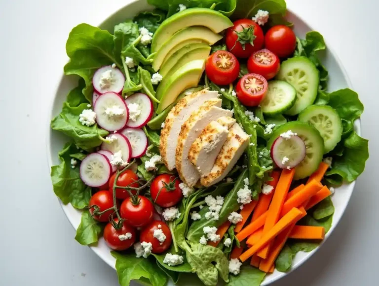 Colorful low-calorie salad with cherry tomatoes, cucumbers, and greens