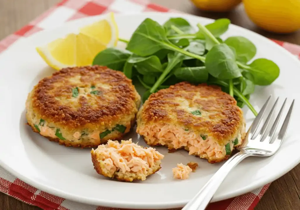 Gourmet-style salmon cakes plated with aioli and microgreens.

