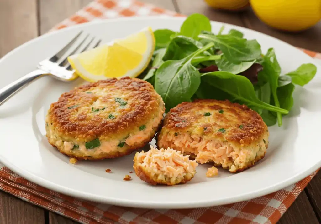 Healthy baked salmon cakes with avocado slices and mixed greens.